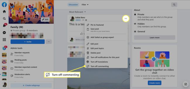 Turning off comments item highlighted when changing the commenting ability of a Facebook group on Facebook's site.