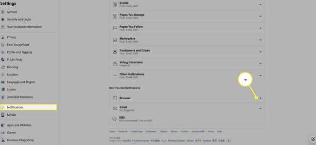 Browser notifications settings in settings in a Facebook account on the web.