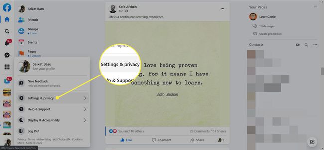 Settings & privacy highlighted on Facebook's site.