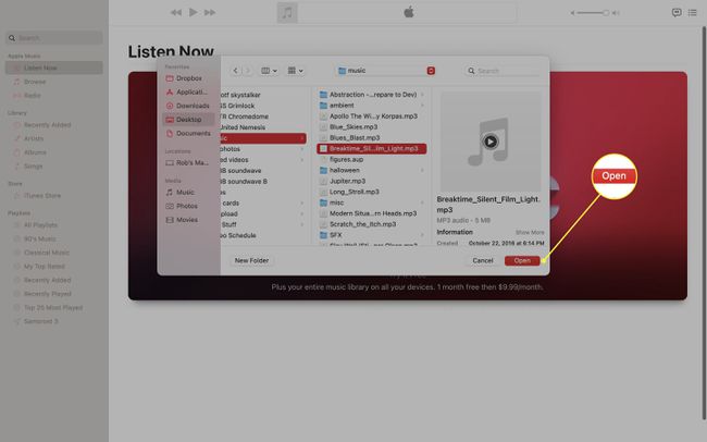 Finding the file you'd like to import into the Music app on the Mac.