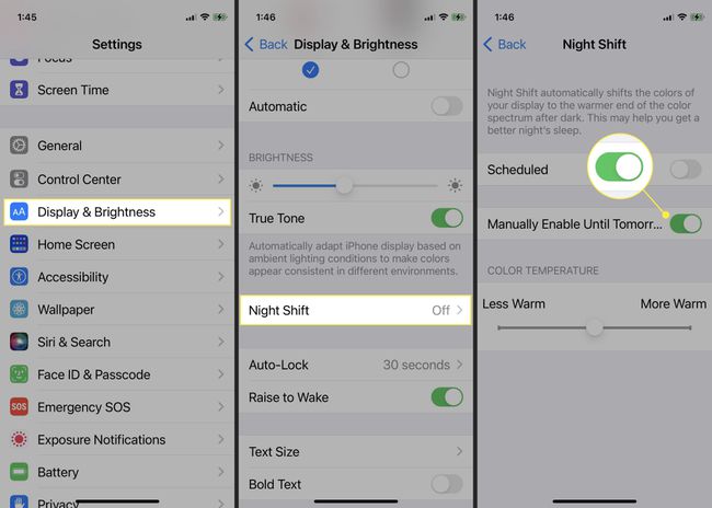 Manually turning on the Night Shift feature in iOS on an iPhone.