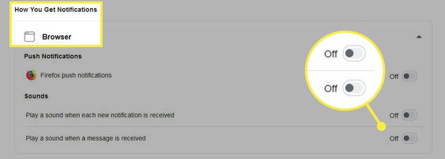 Browser sound notifications settings in settings in a Facebook account on the web.