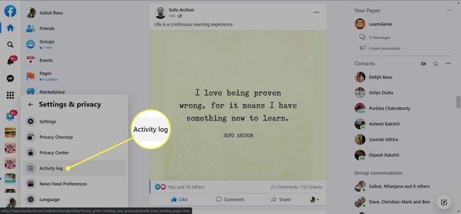 Activity log highlighted on Facebook's site.