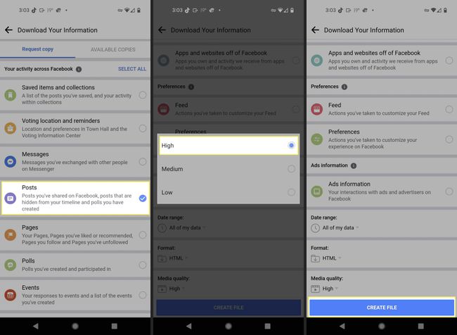 Facebook Android app Download Your Information screens with relevant steps highlighted.