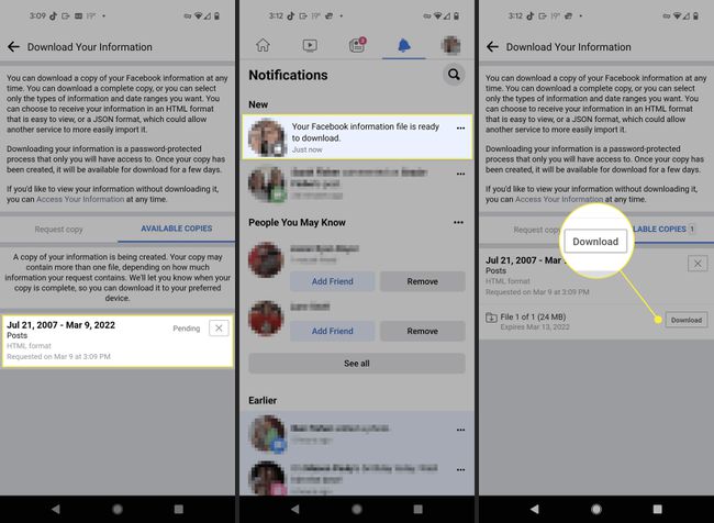 Facebook Android app download your information screens with relevant steps highlighted.