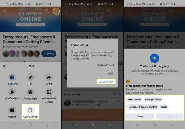 Confirmation of leaving a group on the Facebook mobile app.