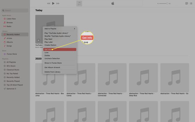 Selecting Get Info from the file you recently added in the Music app on the Mac.