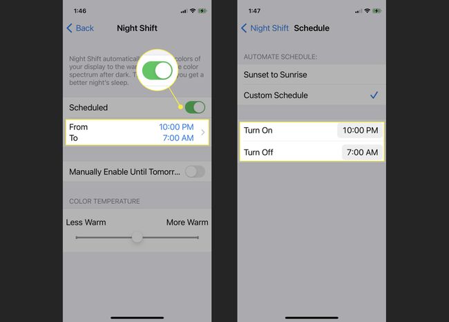 Setting the Night Shift schedule to automatically turn on and off on and iPhone.