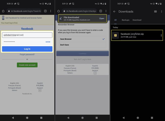 Facebook android app login page and file download prompt highlighted.