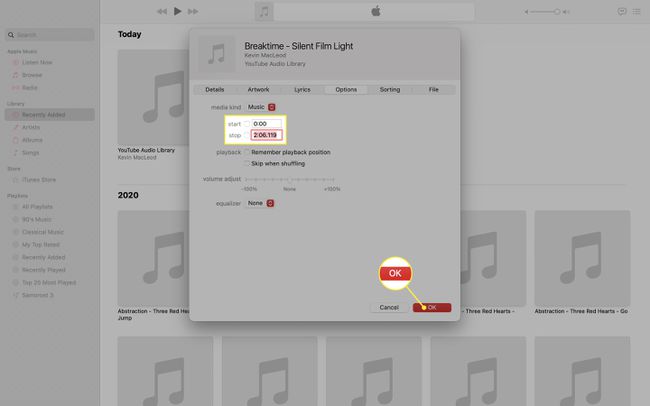 Adjusting the time stamp you'd like to use for the ringtone in the Music app on the Mac.