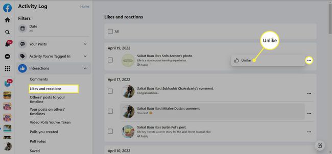 Likes and reactions section where you can unlike a post on Facebook.