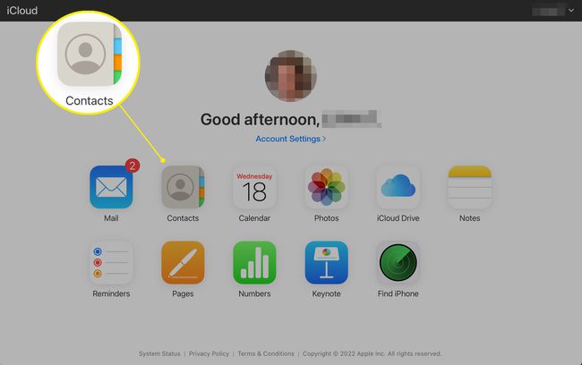 iCloud on a computer with the Contacts app highlighted