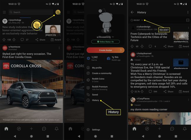 Reddit browsing history in Android app