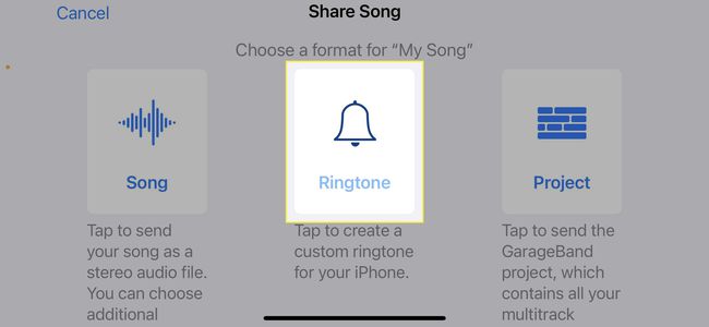 Selecting Ringtone format type in Garageband on an iPhone.