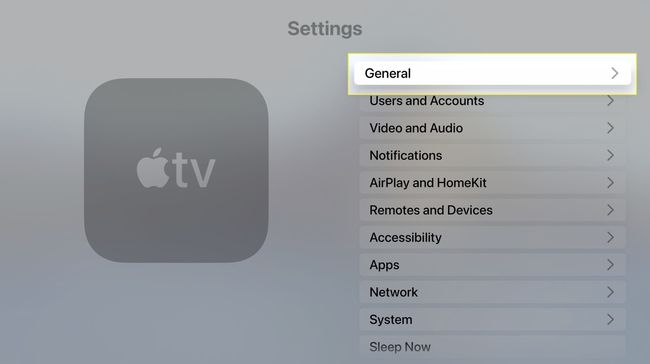 The General menu item highlighted on Apple TV's interface.