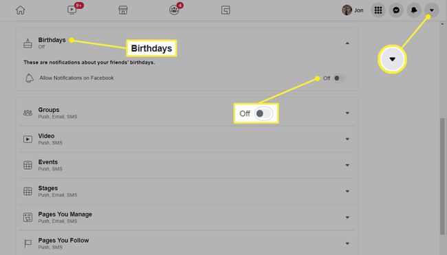 Facebook Birthday notifications setting