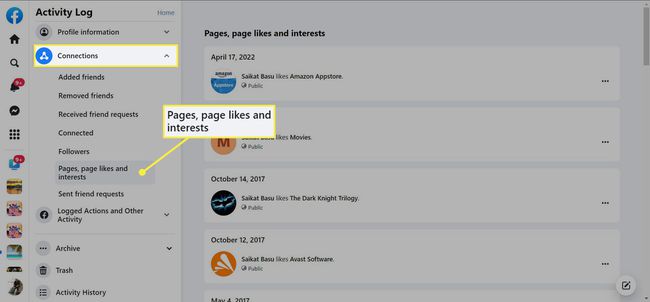 Initial steps to unlike a post via the Facebook Activity Log.