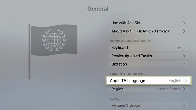 The Apple TV Language menu item highlighted on Apple TV's interface.