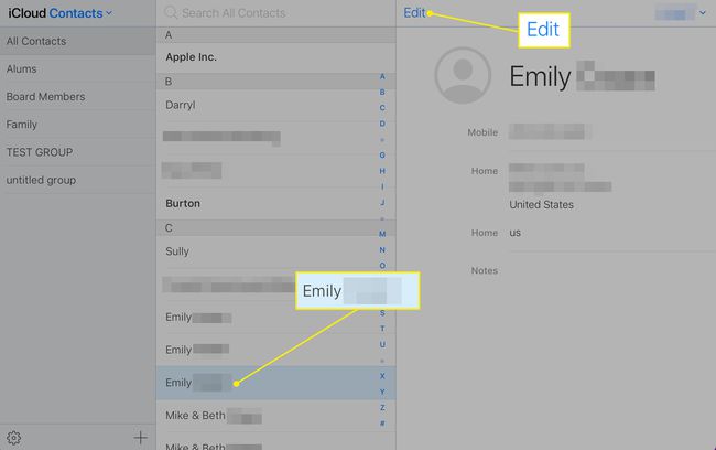 Opening a Contact's information sheet with Edit highlighted