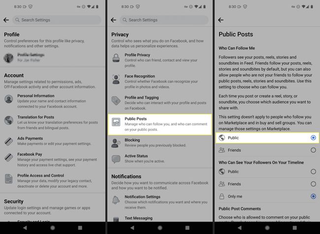 Privacy settings in the Facebook app