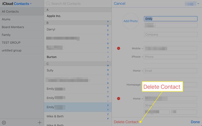 Contacts app edit info with Delect Contact highlighted