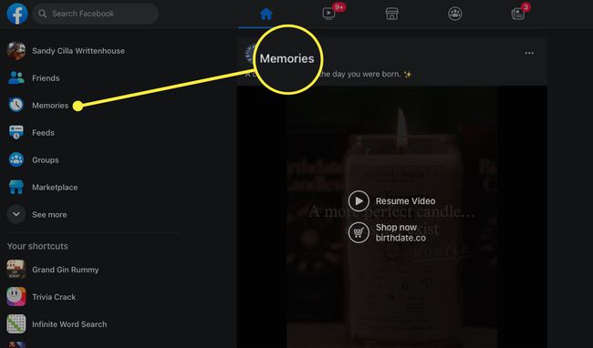 Memories on the left side of the Facebook Home tab highlighted.