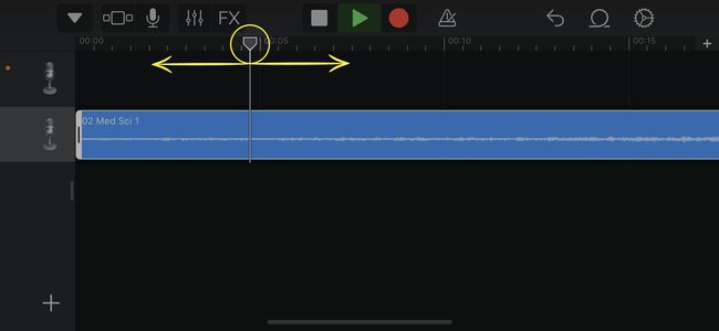 Adjusting the playback head on a track in Garageband on an iPhone.