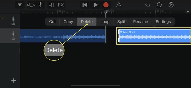 Steps to delete the portion of an audio track you no longer need in Garageband on an iPhone.