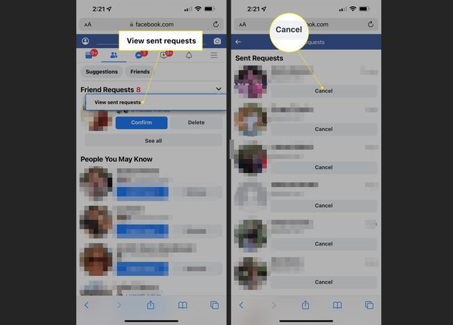 Facebook in a mobile browser with View Sent Requests and Cancel highlighted