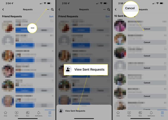Facebook mobile app with More, View Sent Requests, and Cancel highlighted