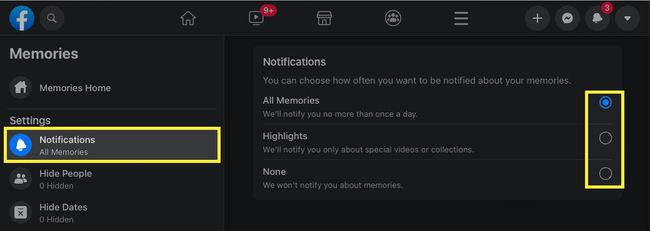 Selecting which Memories Notifications to see on the Facebook site.