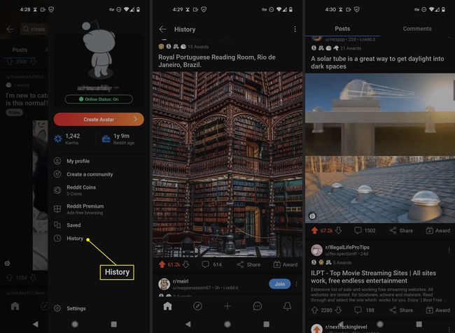 Reddit history and saved posts in Android app