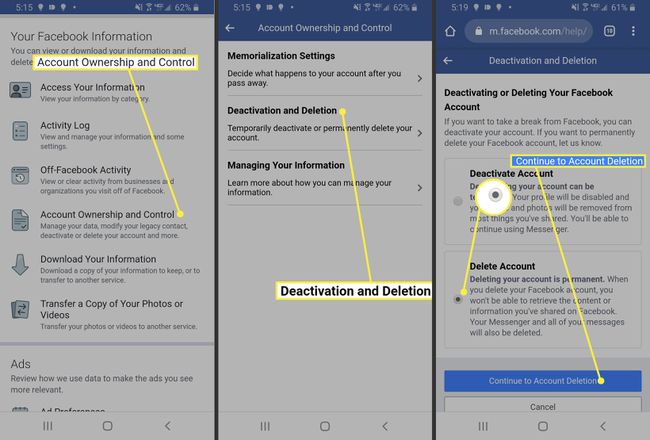 Deleting Facebook in a mobile browser on Android.