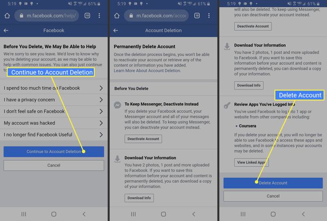 Deleting Facebook in a mobile browser on Android.