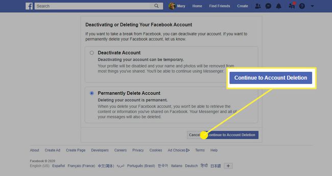 The Account Deletion option in Facebook on a web browser.