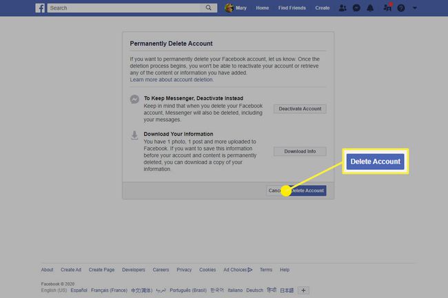 Screenshot of information about and an option for deleting an account on Facebook.