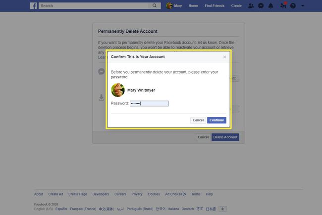 Confirming Facebook deletion with a password using a web browser.