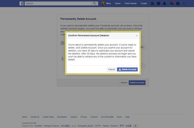 Another confirmation message when deleting a Facebook account using a browser.