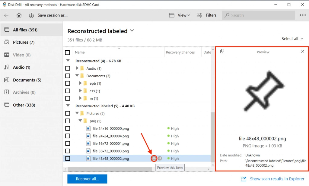 Disk Drill results window showing preview display