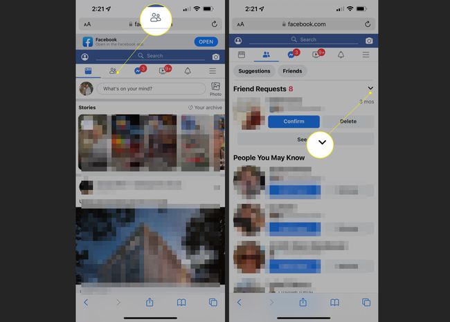 Facebook in a mobile browser with Friends icon and down arrow highlighted