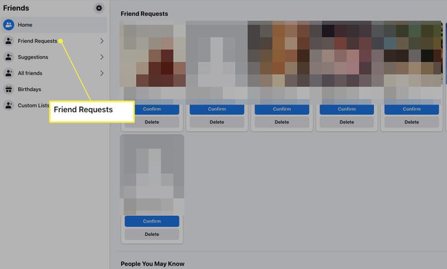 Facebook in a web browser with Friend Requests highlighted