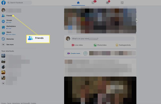 Facebook in a browser with Friends highlighted