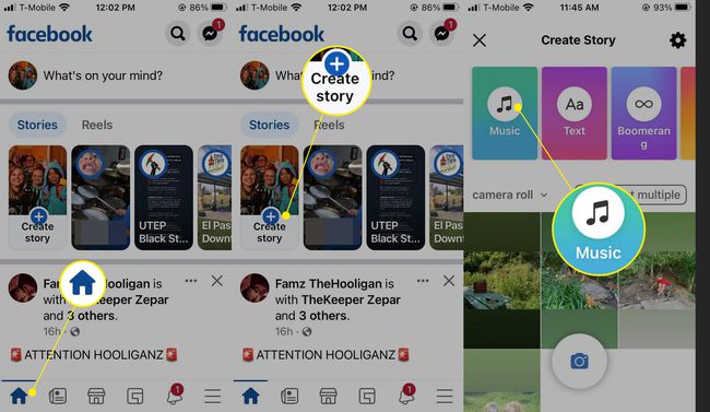 Facebook app with Home, Create Story, and Music highlighted