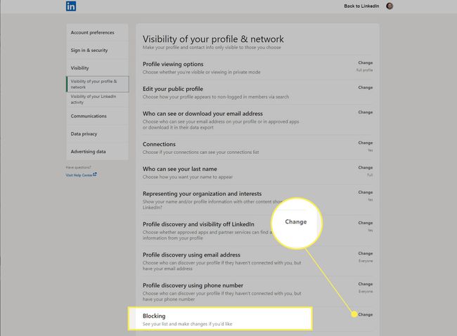 LinkedIn visibility settings with Blocking and Change highlighted