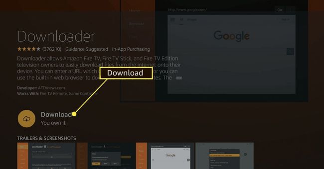 Download button on the Downloader app in the Fire TV app store.