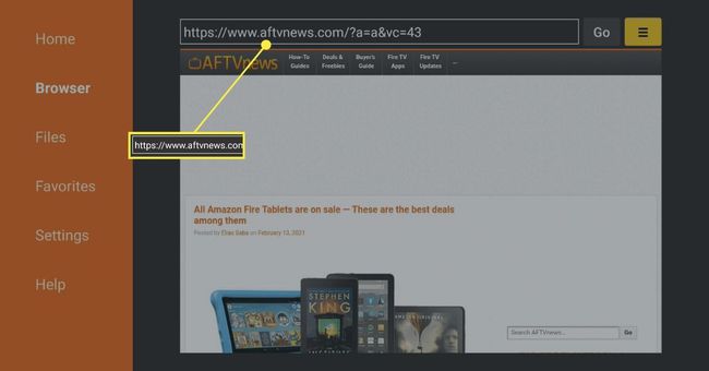 The browser bar highlighted in the Downloader app on Fire Tv.