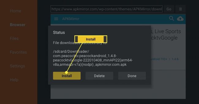 Install button when sideloading an app on Fire TV.