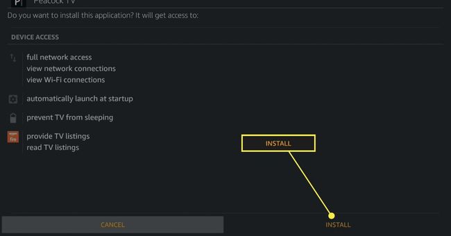 A list of Peacock TV permissions on Fire TV, with the choice to cancel or install.