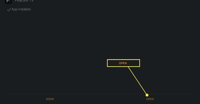 Open button after Peacock TV is successfully installed on Fire TV.