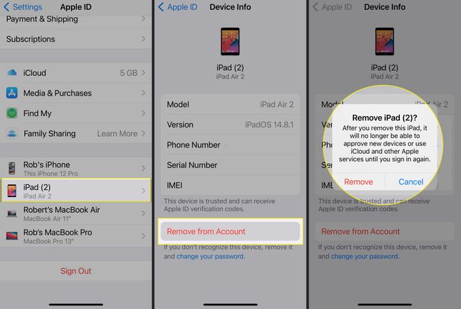 iPhone settings with iPad, Remove from account, and warning message highlighted